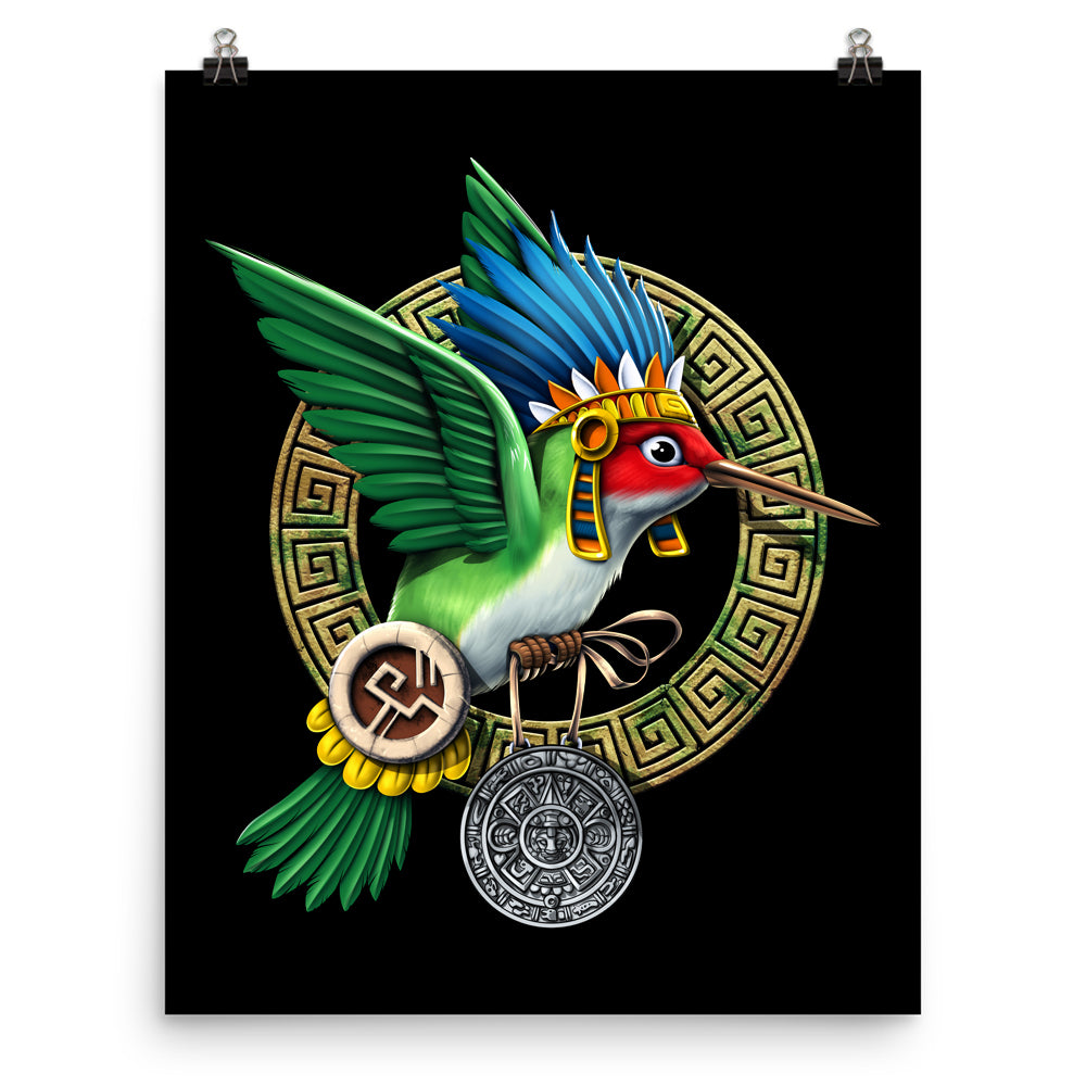 Aztec Poster, Hummingbird Poster, Colibri Bird Poster, Aztec Art Print, Mayan Poster - Serpent Sun